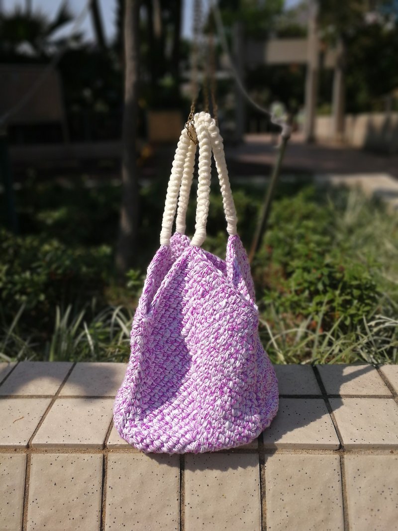 Hand Crochet Summer Purple with White Large Tote Bag Shoulder Bag Cotton Bag - Handbags & Totes - Cotton & Hemp Purple