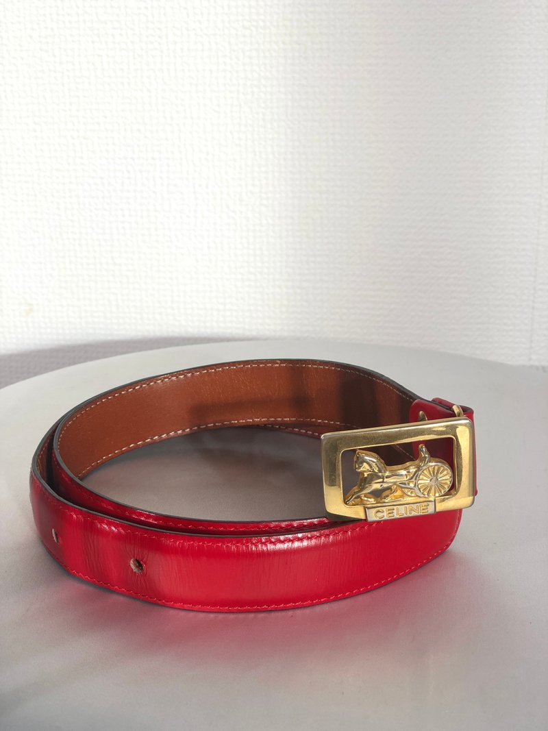 【 日本直送　名牌中古包 】CELINE セリーヌ 馬車 ホースキャリッジ レザー ベルト レッド vintage ヴィンテージ オールドセリーヌ asvddr - 皮帶/腰帶 - 真皮 紅色
