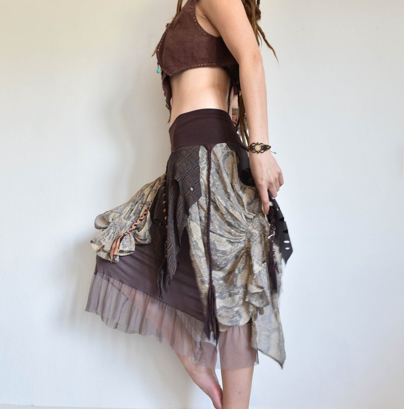 Brown tribal festival skirt, earthy elven costume, braided skirt - 裙子/長裙 - 棉．麻 卡其色