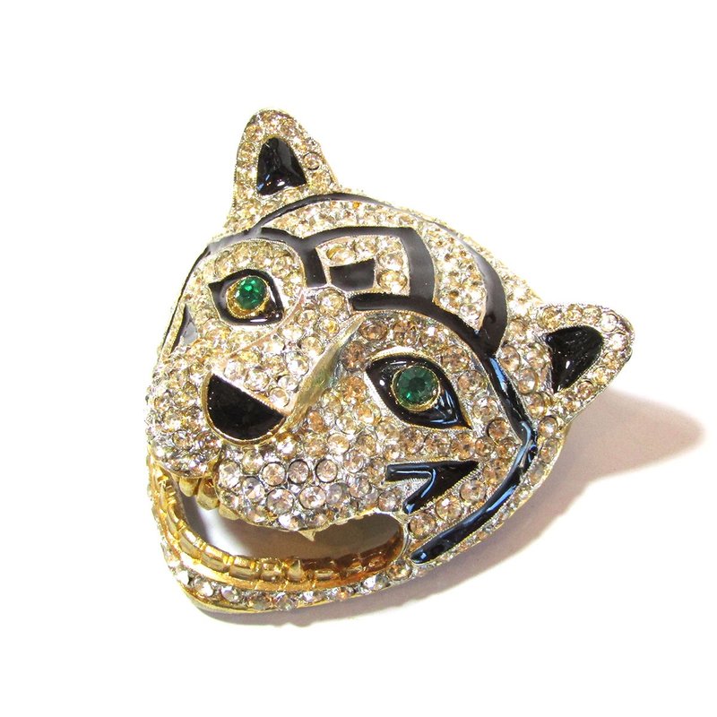 80s SARDI big tiger rhinestone & enamel vintage brooch - เข็มกลัด - โลหะ สีเงิน