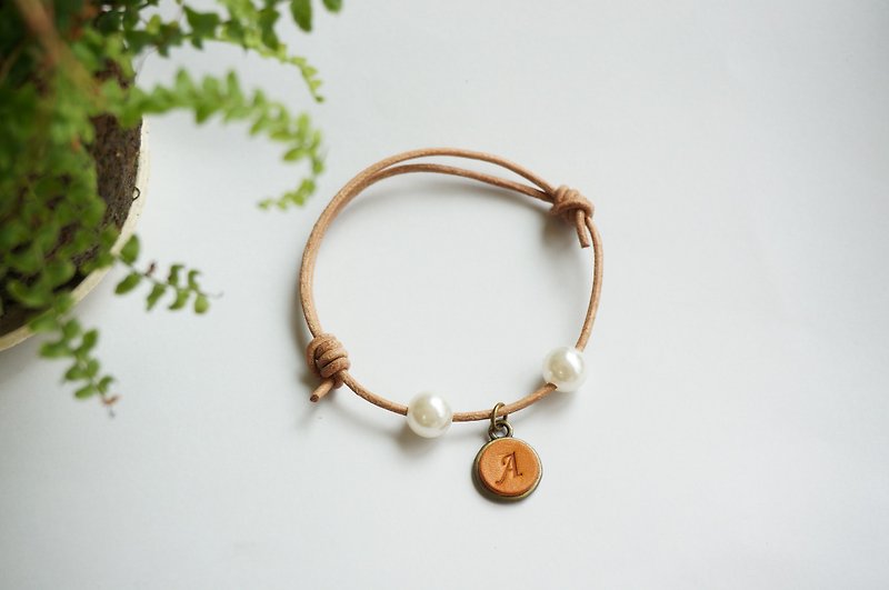 Leather letter tied rope pearl bracelet - Bracelets - Genuine Leather Brown