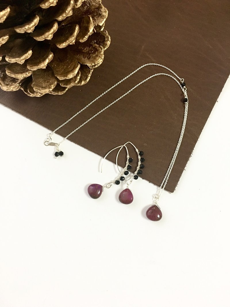 Alunite and Onyxl Hook-earring, Necklace Set up SV925 - ネックレス - 石 パープル