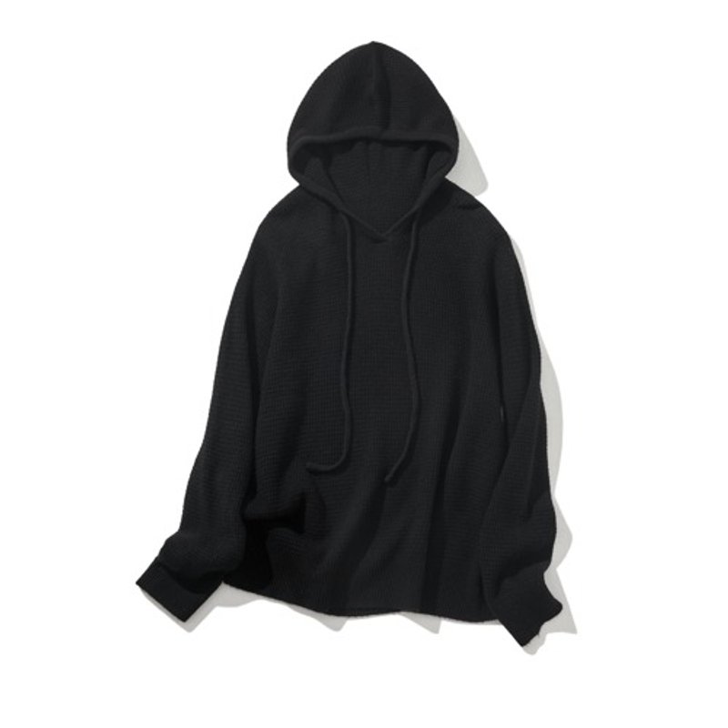 Natural-looking knit hoodie with hood, 100% wool, black, 231018-6 - Women's Tops - Cotton & Hemp 