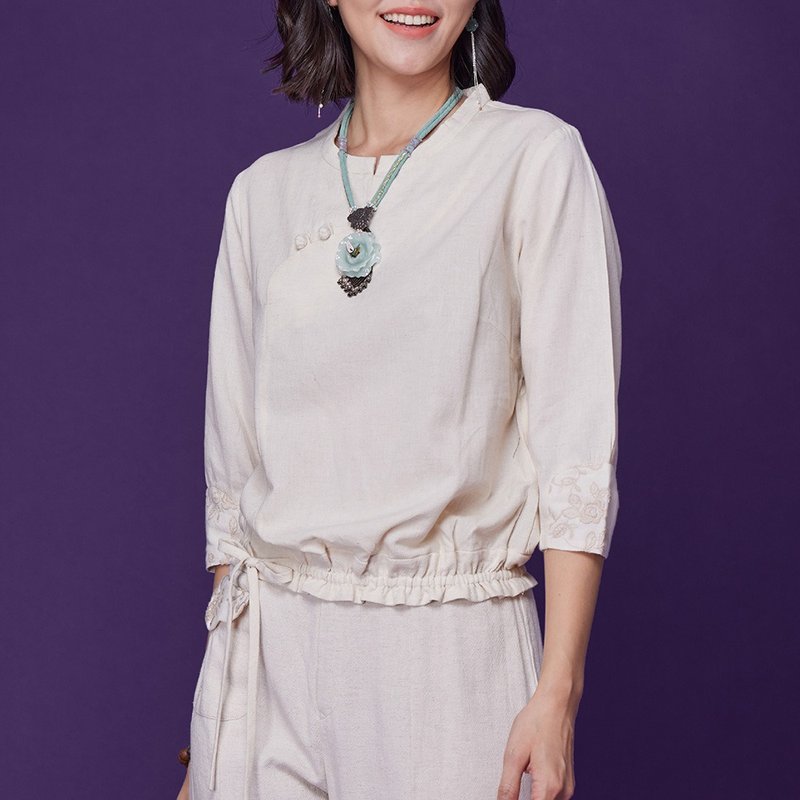 古典美 棉麻綁結花苞上衣【58008】 - 女上衣/長袖上衣 - 棉．麻 白色