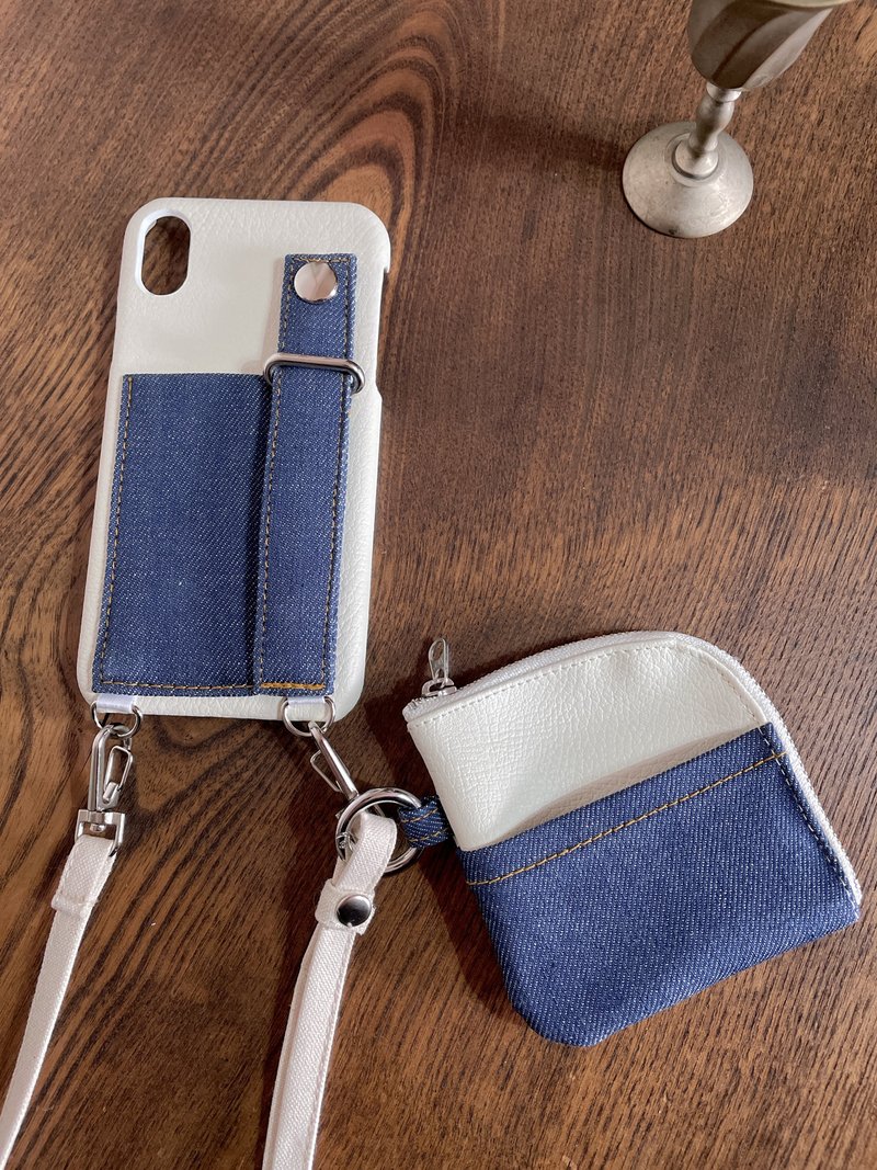 Okayama Denim PVC Leather Belted Smartphone Case Strap Card Pocket Stand Smartphone Shoulder Bag Indigo - อื่นๆ - ผ้าฝ้าย/ผ้าลินิน สีน้ำเงิน