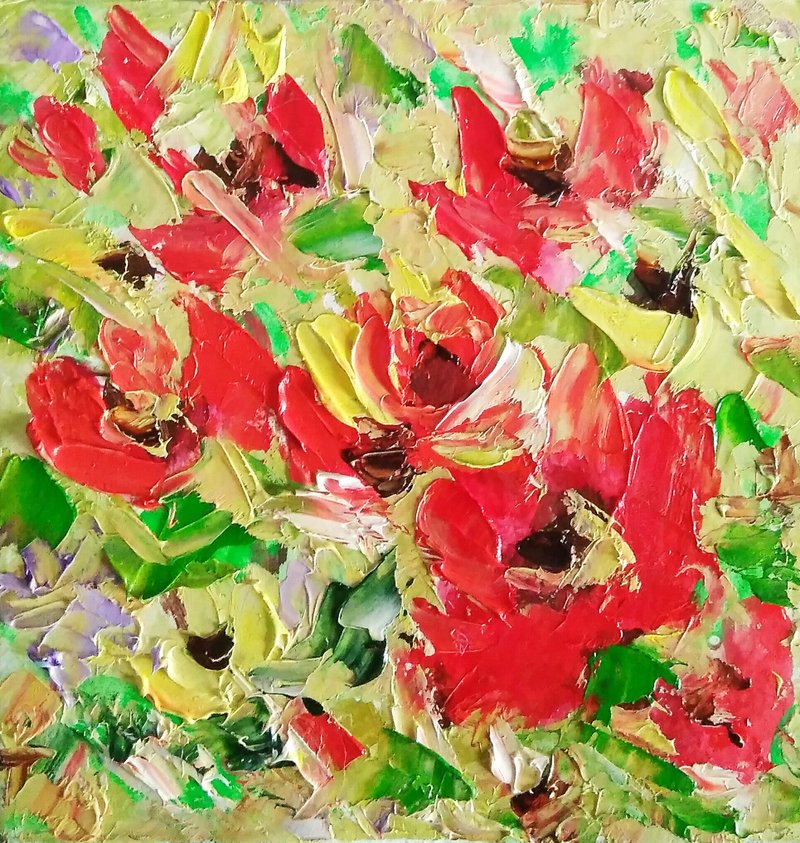 Abstract Floral Painting, Small Original Art, Flower Artwork, Meadow Wall Art - 海報/掛畫/掛布 - 其他材質 紅色