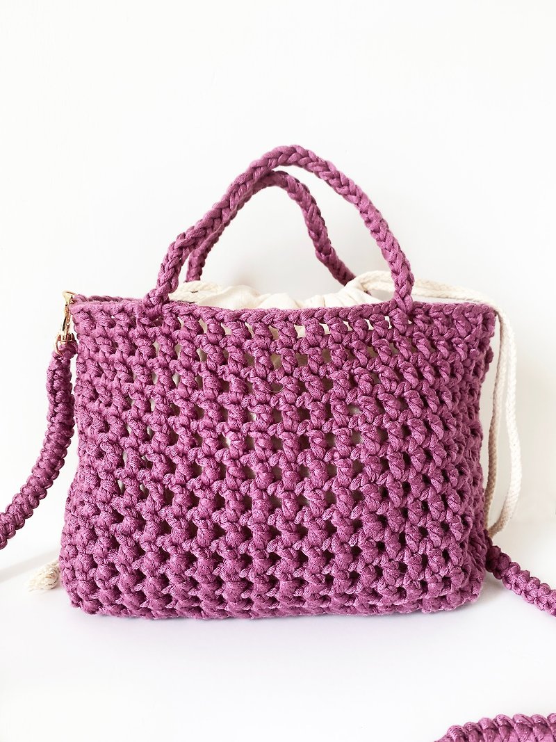 Crochet waffle crossbody mesh bag - กระเป๋าแมสเซนเจอร์ - วัสดุอื่นๆ สีม่วง