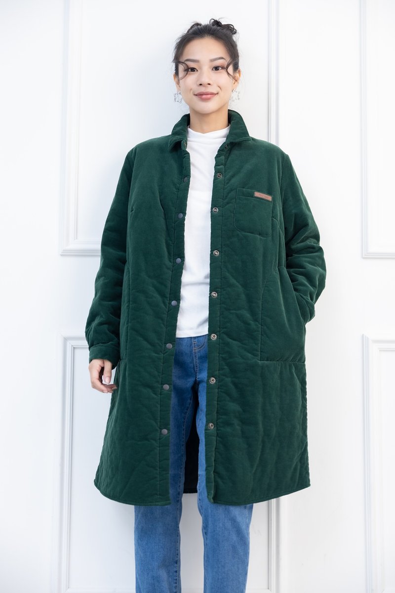 小口袋皮革絨毛長版外套 綠色 - 女大衣/外套 - 其他材質 綠色