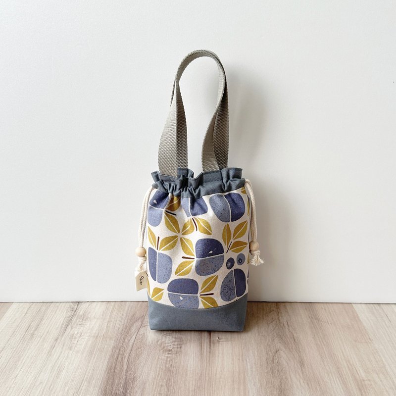 [River] Drawstring handbag (small)/print cloth/peach/grey blue - กระเป๋าถือ - ผ้าฝ้าย/ผ้าลินิน สีน้ำเงิน