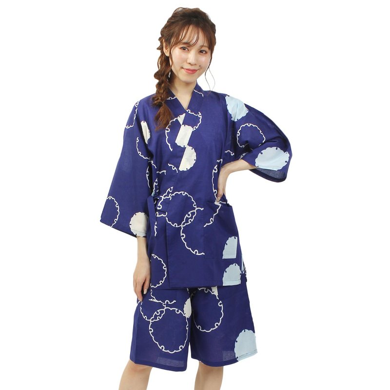 日本 和服 女用 甚平 休閒服 睡衣 成套組 綿 06 - 睡衣/居家服 - 棉．麻 藍色