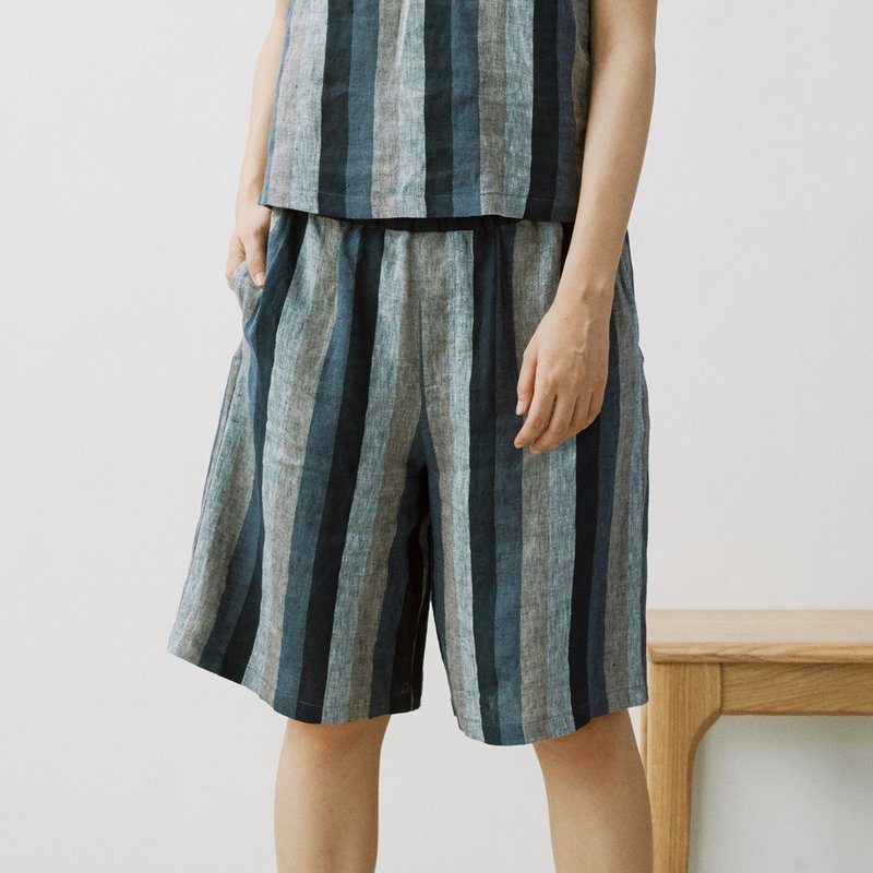 Yarn-dyed linen, pure linen, neutral striped shorts, five-point pants, boys can wear P200149 - กางเกงขายาว - ผ้าฝ้าย/ผ้าลินิน สีเทา