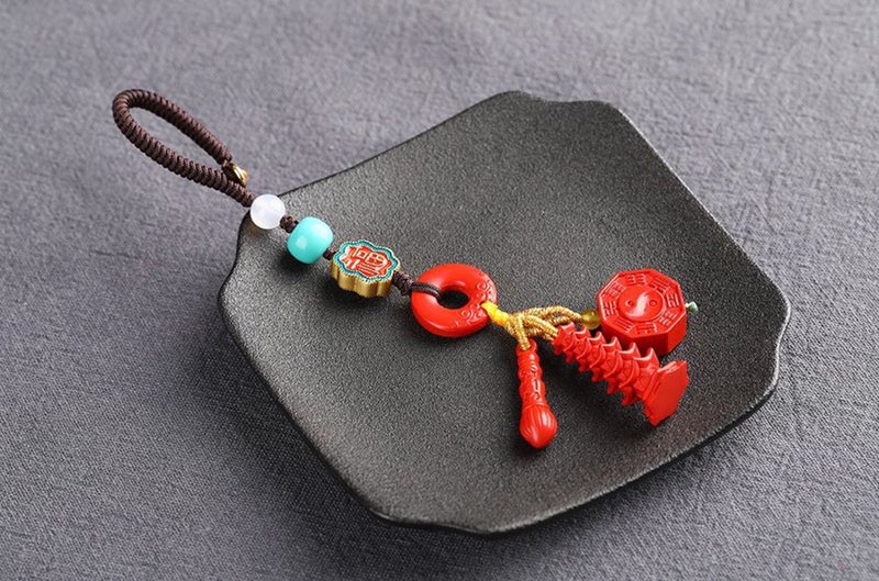 Natural ore cinnabar boutique red sand Wenchang pen Wenchang tower key chain bag hanging - Keychains - Gemstone 