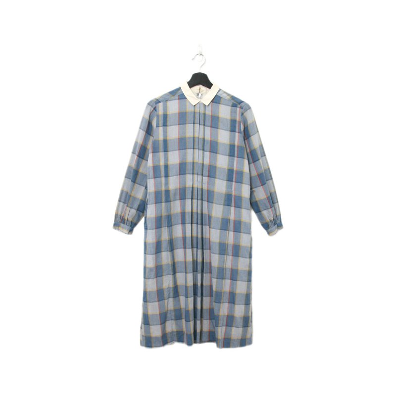 Back to Green-復古長袖洋裝 藍綠英倫格紋g-10//vintage dress - 洋裝/連身裙 - 棉．麻 
