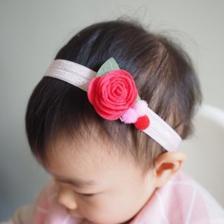 嬰兒女孩羊毛氈紅色小花彈性髮帶  適合百日宴彌月拍攝