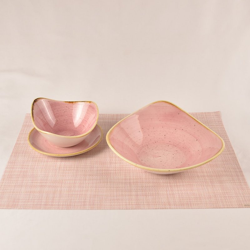 Discount set--STONECAST series pink single bowl and plate 4-piece set (2 bowls, 1 plate, 1 placemat) - Plates & Trays - Porcelain Pink