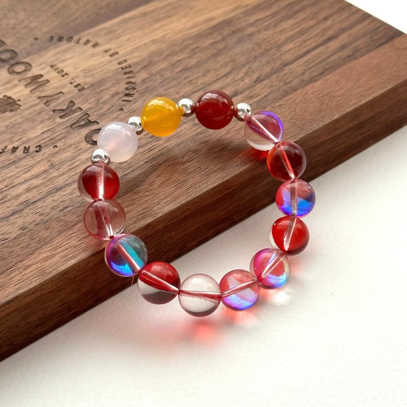 Dark red moon glazed stone, pink crystal, red and yellow agate, simple Silver bracelet, positive and confident, attracting wealth, career and healing - สร้อยข้อมือ - กระจกลาย หลากหลายสี