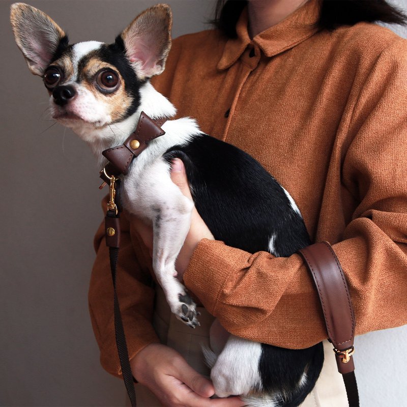 蝶ネクタイ ペット首輪とリードのセット、名前刻印、本物のソフトレザー、犬と猫のためのウェディング首輪。 - 首輪・リード - 革 ブラウン