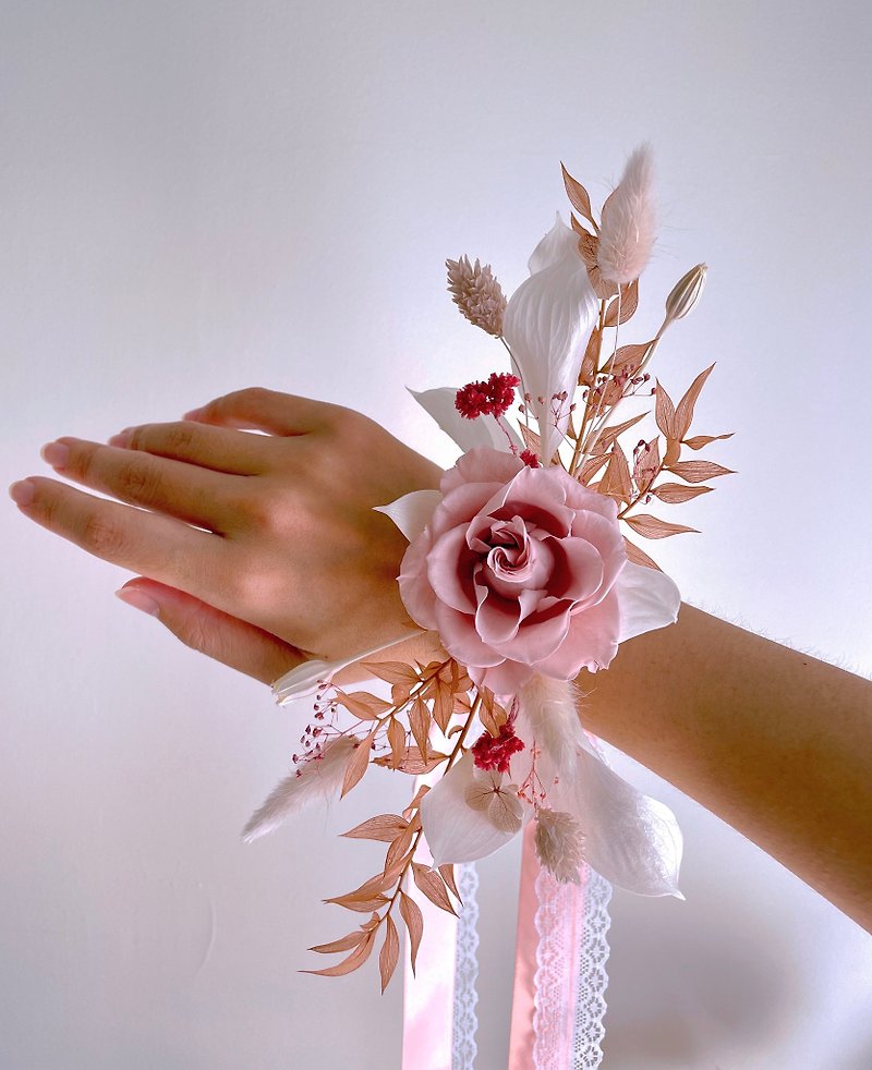 【婚禮手腕花/可客製】新娘、伴娘手腕花 - 乾花/永生花 - 植物．花 粉紅色