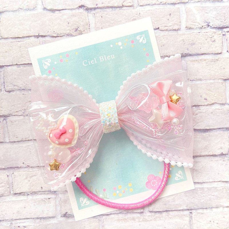 Clear tulle ribbon heart ribbon hair tie - เครื่องประดับผม - วัสดุอื่นๆ สึชมพู