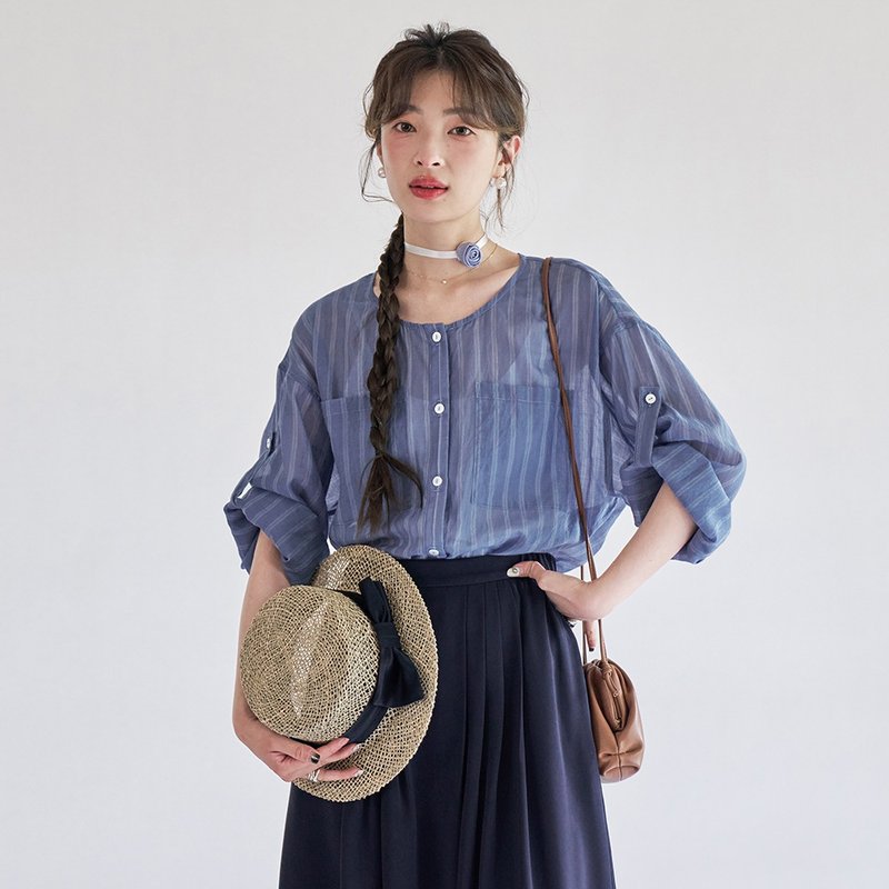 桑蠶絲條紋防曬空調衫|襯衫|兩色|春夏款|Sora-1198 - 女襯衫 - 棉．麻 多色