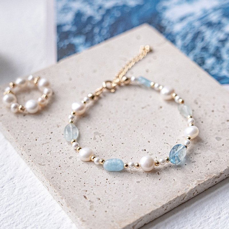 tell. Aquamarine freshwater pearl 14K gold elegant thin chain style. Communicate clearly - Bracelets - Crystal Blue