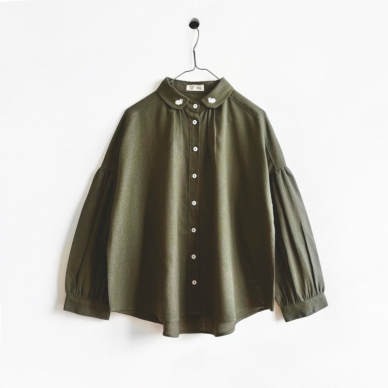 cat collar cotton linen shirt : olive green - 女襯衫 - 聚酯纖維 綠色