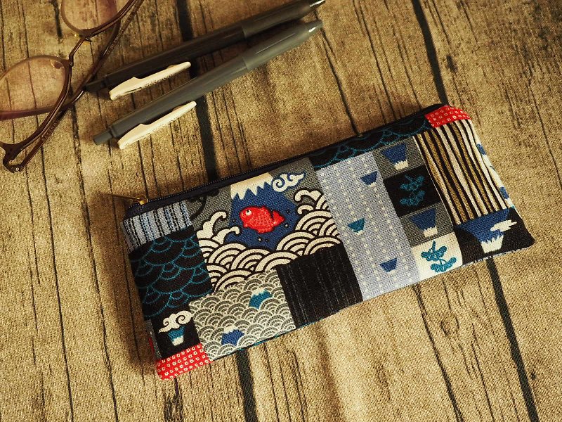 手工製作和風日本富士山圖案 筆袋 眼鏡袋 餐具袋 - 筆盒/筆袋 - 棉．麻 藍色