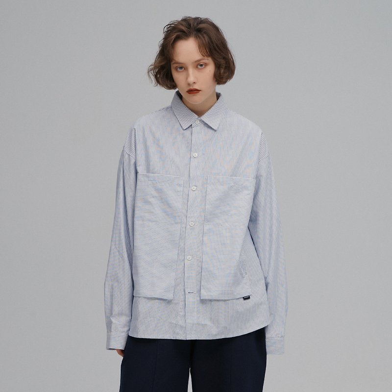 DYCTEAM - Symbiosis - Stripe pate patch pocket shirt (white) - 男襯衫/休閒襯衫 - 棉．麻 藍色