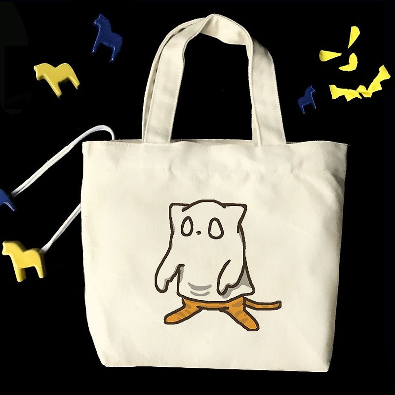[Halloween Special] Illustrator Cat Cat Life Baba Wenchuang Canvas Small Tote Bag - Handbags & Totes - Cotton & Hemp 
