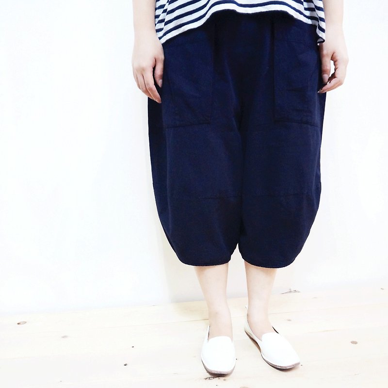 [MIT] Qi Wu eight 〇x cotton seven pants (dark blue) - กางเกงขายาว - ผ้าฝ้าย/ผ้าลินิน สีน้ำเงิน