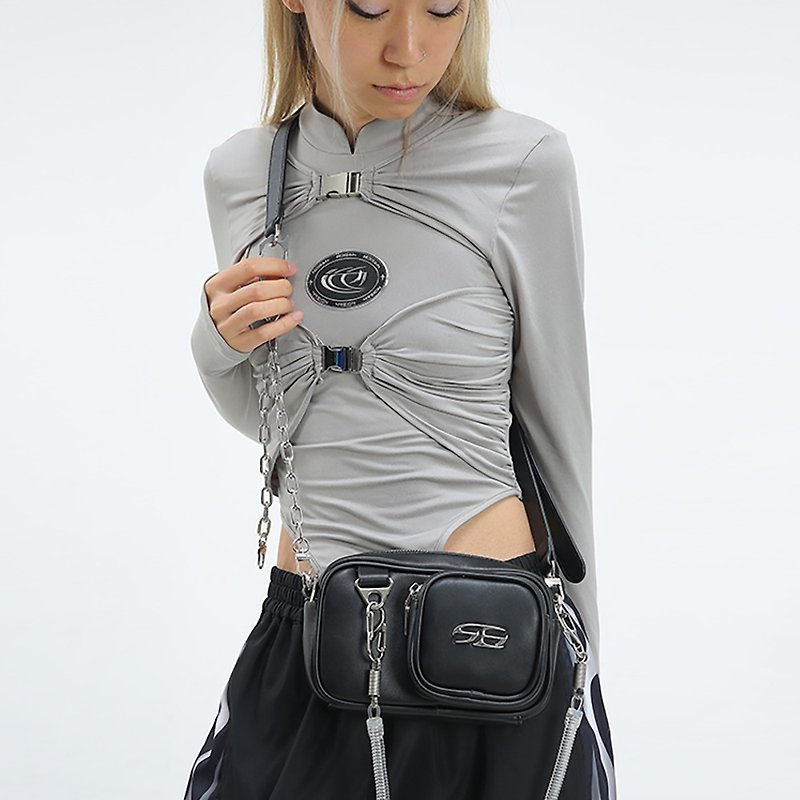 Faux Leather Messenger Bags & Sling Bags Black - SIDEEFFECT SS21 PU leather messenger bag shoulder chain bag leather bag