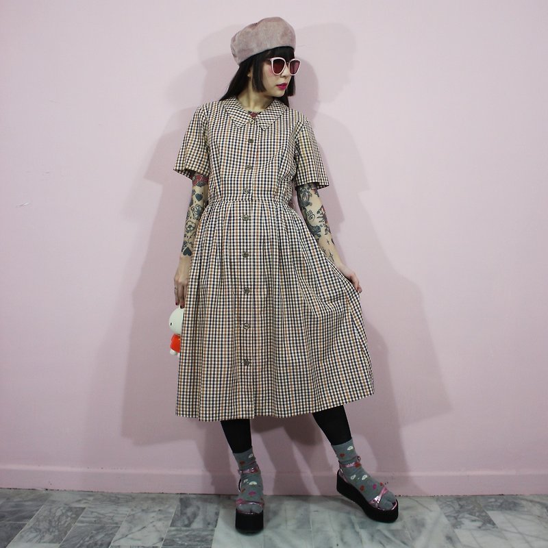 (Vintage洋裝)深淺咖啡棕色格紋日本古著洋裝(生日禮物)F3219 - 洋裝/連身裙 - 棉．麻 咖啡色