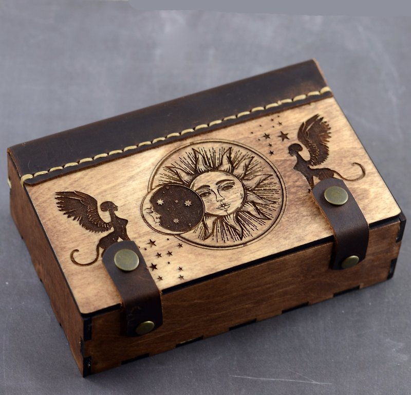 HANDMADE Sun Moon Tarot card box Witch trinket box Witchcraft gift - Storage - Wood Brown