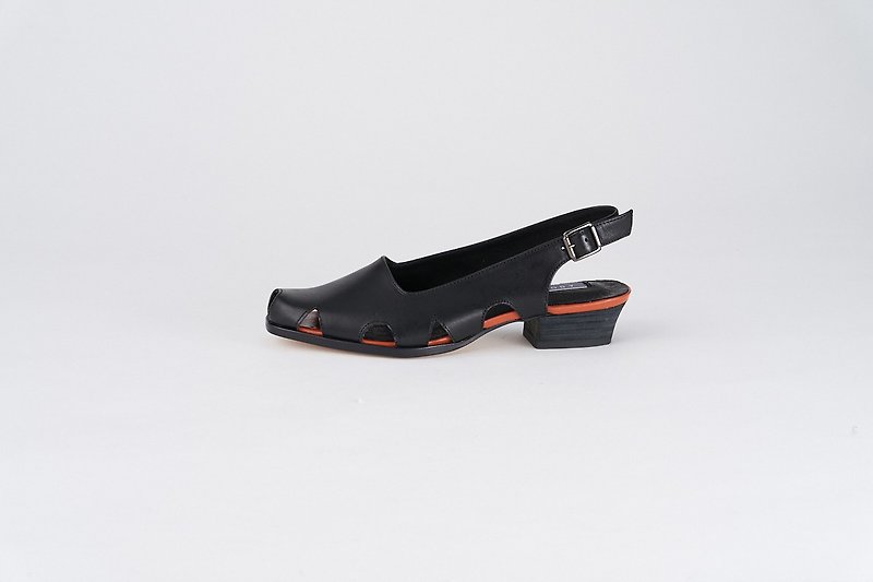 ZOODY / stagnation front / handmade shoes / flat bottom square back sandals / black - รองเท้ารัดส้น - หนังแท้ สีดำ