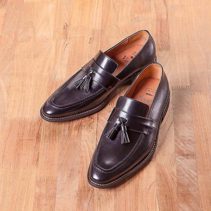 Vanger saddle piece tassel loafers Va252 black - รองเท้าอ็อกฟอร์ดผู้ชาย - หนังแท้ สีดำ