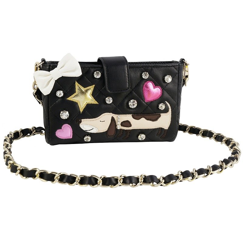 Lovely Dog Appliqué Crossbody Leather Pouch - Hair Accessories - Genuine Leather Black