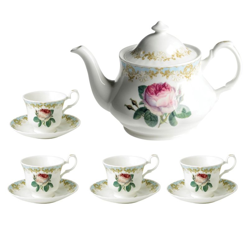 British RK Vintage Roses classical rose garden series afternoon tea set 5-piece set (1 pot, 4 cups and plates) - Teapots & Teacups - Porcelain 