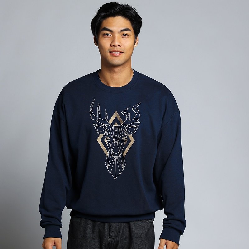 [Forest Animal Series] Geometric Deer Embroidery Drop Shoulder University T Unisex Style (Zhang Qing) - Men's T-Shirts & Tops - Cotton & Hemp Blue