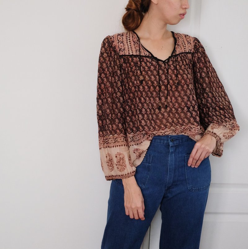 Hippie Yipin Vintage 70s India blouse India stamp thin cotton top - Women's Tops - Cotton & Hemp 