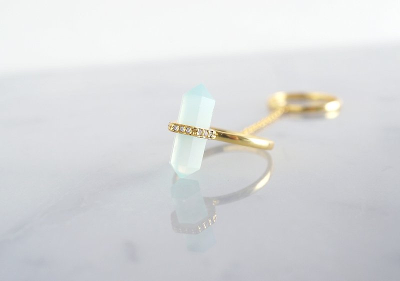 【Gold Vermeil / Gemstone】 Chain Linked Double Ring - Aqua Chalcedony / White Zircon - - แหวนทั่วไป - เครื่องเพชรพลอย สีน้ำเงิน