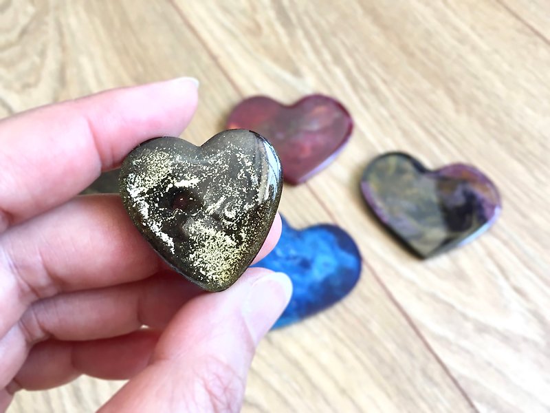 Heart Shape Magnets, Handmade, Resin, Brown & Gold Heart - แม็กเน็ต - เรซิน สีทอง