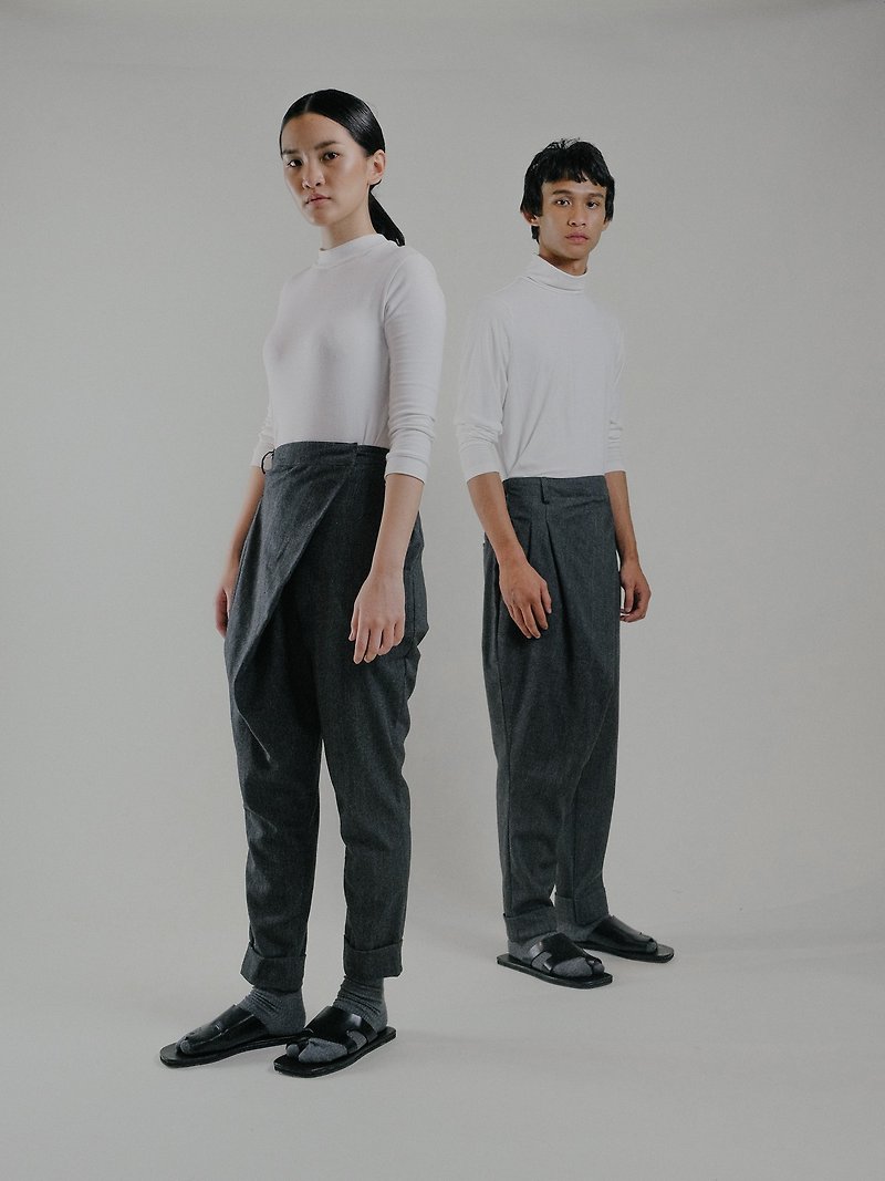 THE OVERLAPPED PANTS (GREY) - กางเกงขายาว - ผ้าฝ้าย/ผ้าลินิน สีเทา