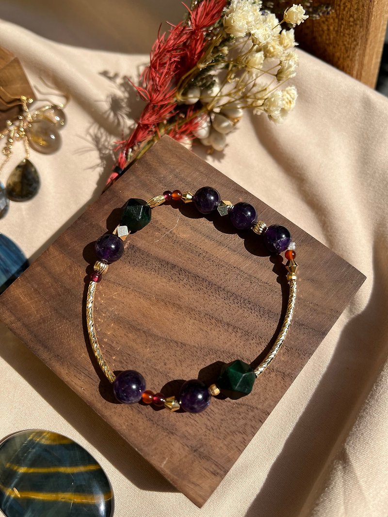 GAIA | Semi- Gemstone Bracelet | Green Tiger's Eye Amethyst | 14K Gold Note Natural Stone - Bracelets - Gemstone Purple
