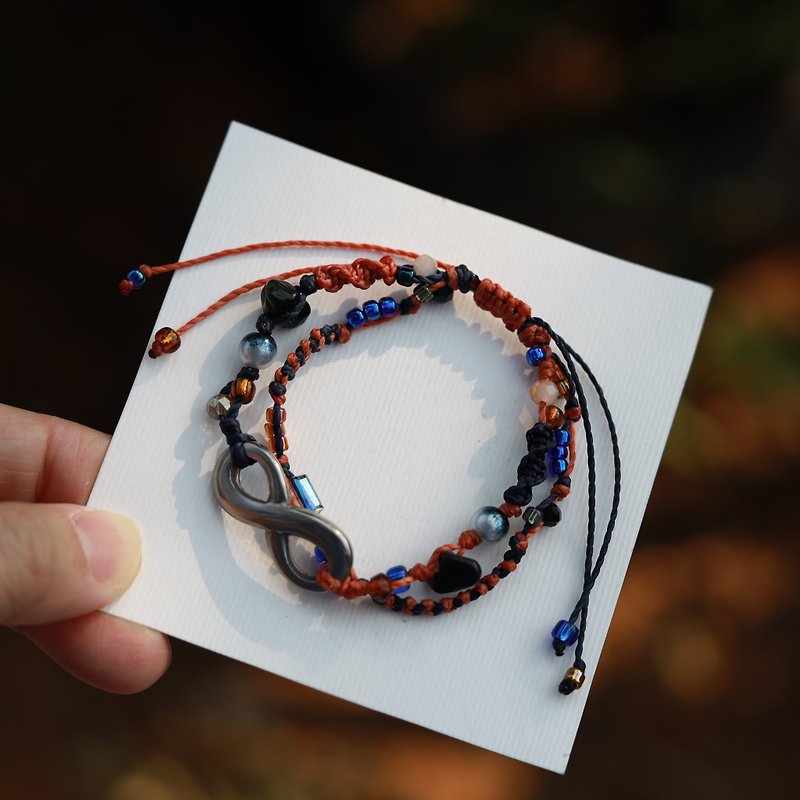 Infinity orange navy blue woven waxed cord double layered bracelet - สร้อยข้อมือ - งานปัก สีส้ม