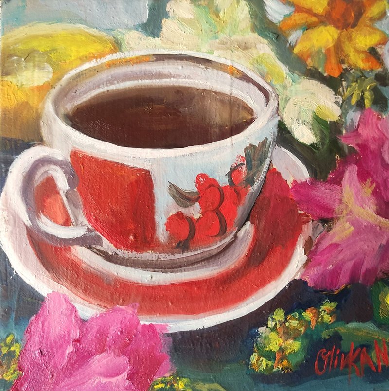 Teacup Oil Painting Sunflower Artwork Tea Painting 20 by 20 cm Floral Wall Art - Posters - Eco-Friendly Materials Red