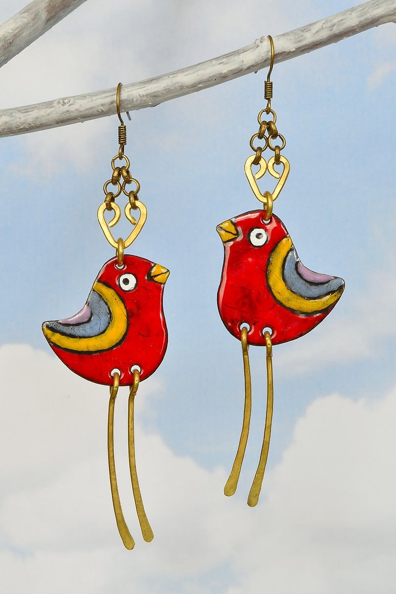 Enamel Earrings, Enamel Jewelry, Red Bird Earrings, Robin, Bird Earrings, - ต่างหู - วัตถุเคลือบ สีแดง