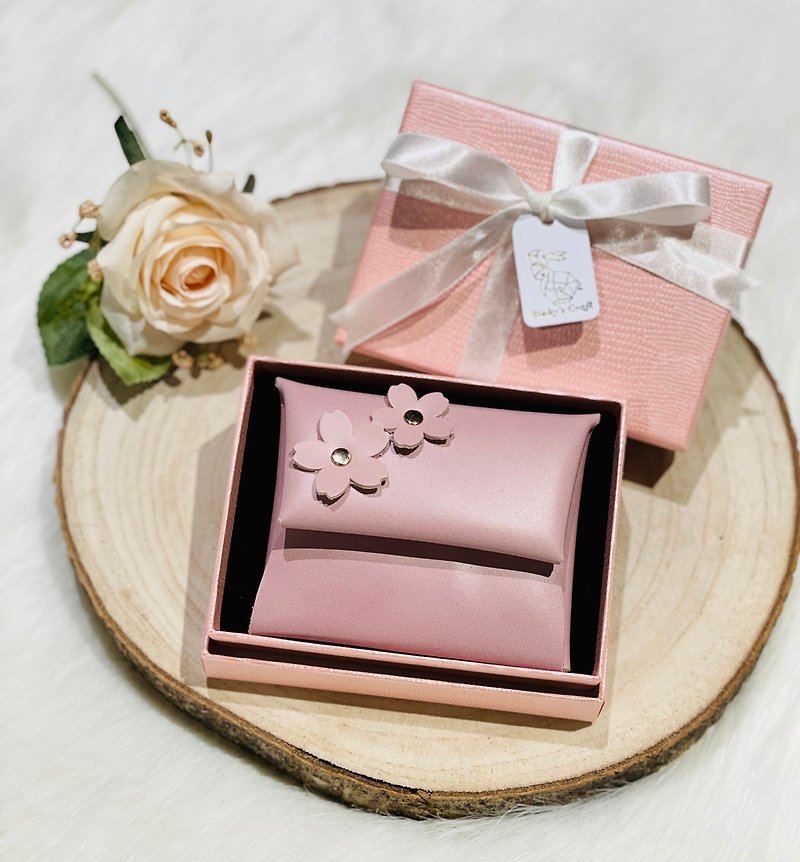 Dry Rose Pink Leather Cherry Blossom Business Card Holder Credit Card Holder Coin Purse - Wallets - Genuine Leather 