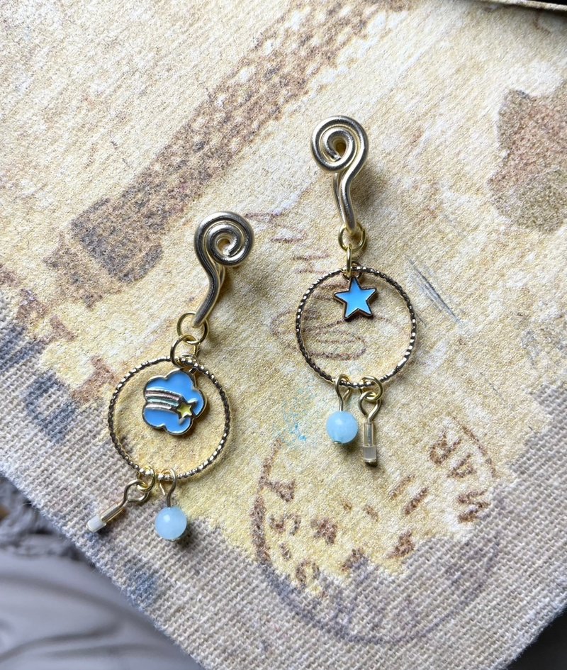 Flower and Star Asymmetrical Painless Clip-On/Blue - Earrings & Clip-ons - Other Metals 