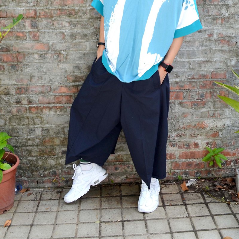 TIMBEE LO Royal Blue Shirt Fabric Cotton Folded Wide Pants Japanese Samurai Judo Style Wide Pants - Men's Pants - Cotton & Hemp Blue