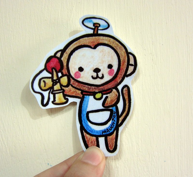 Hand-painted illustration style fully waterproof sticker monkey's idol is 哆A dream - Stickers - Waterproof Material Brown